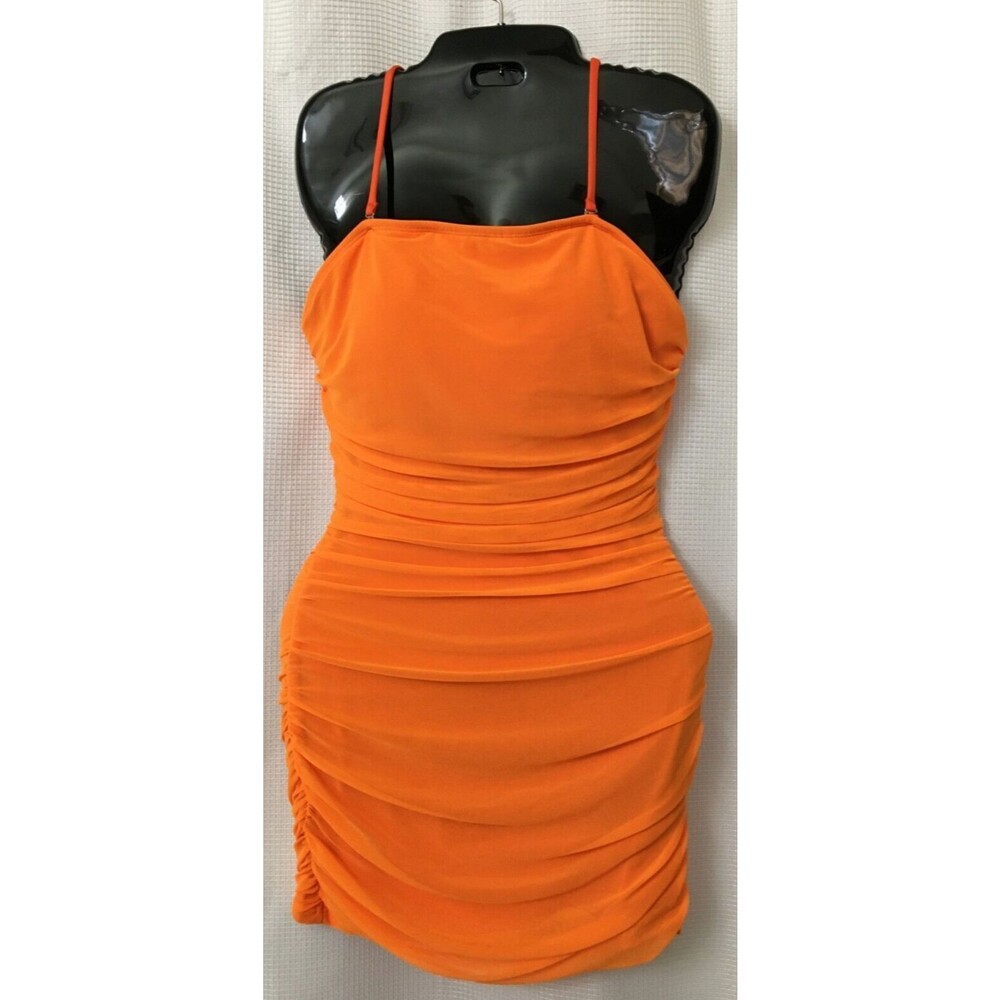 Cut Out Back Ruched Bodycon Dress Size Large Orange Party Beach Vacation D1